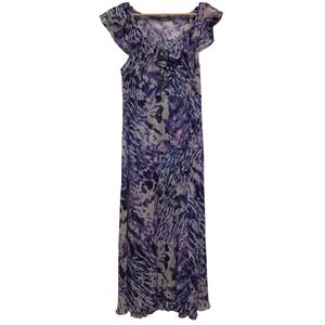 Per Una Abstract Animal Print Ruffle V-Neck Mesh Maxi Dress Purple Blue Size 20L
